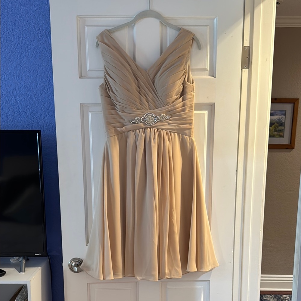 Cream Fit and Flare Mini Dress with Ruched V-Neck